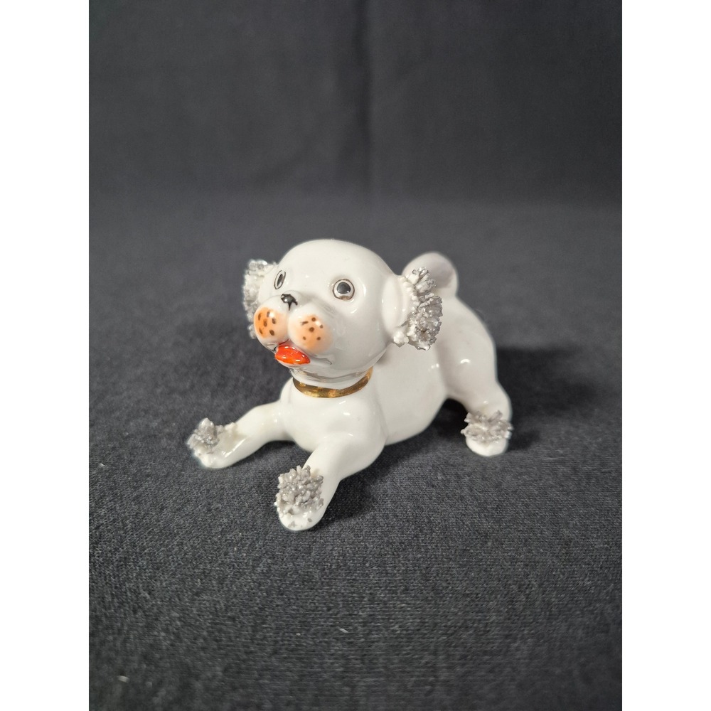 Vintage White Spaghetti Poodle Figurine Porcelain Miniature Gold Collar Dog